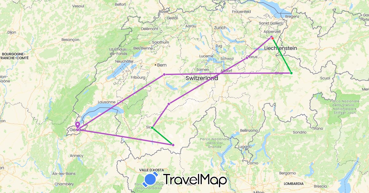 TravelMap itinerary: driving, bus, train, hiking in Switzerland (Europe)